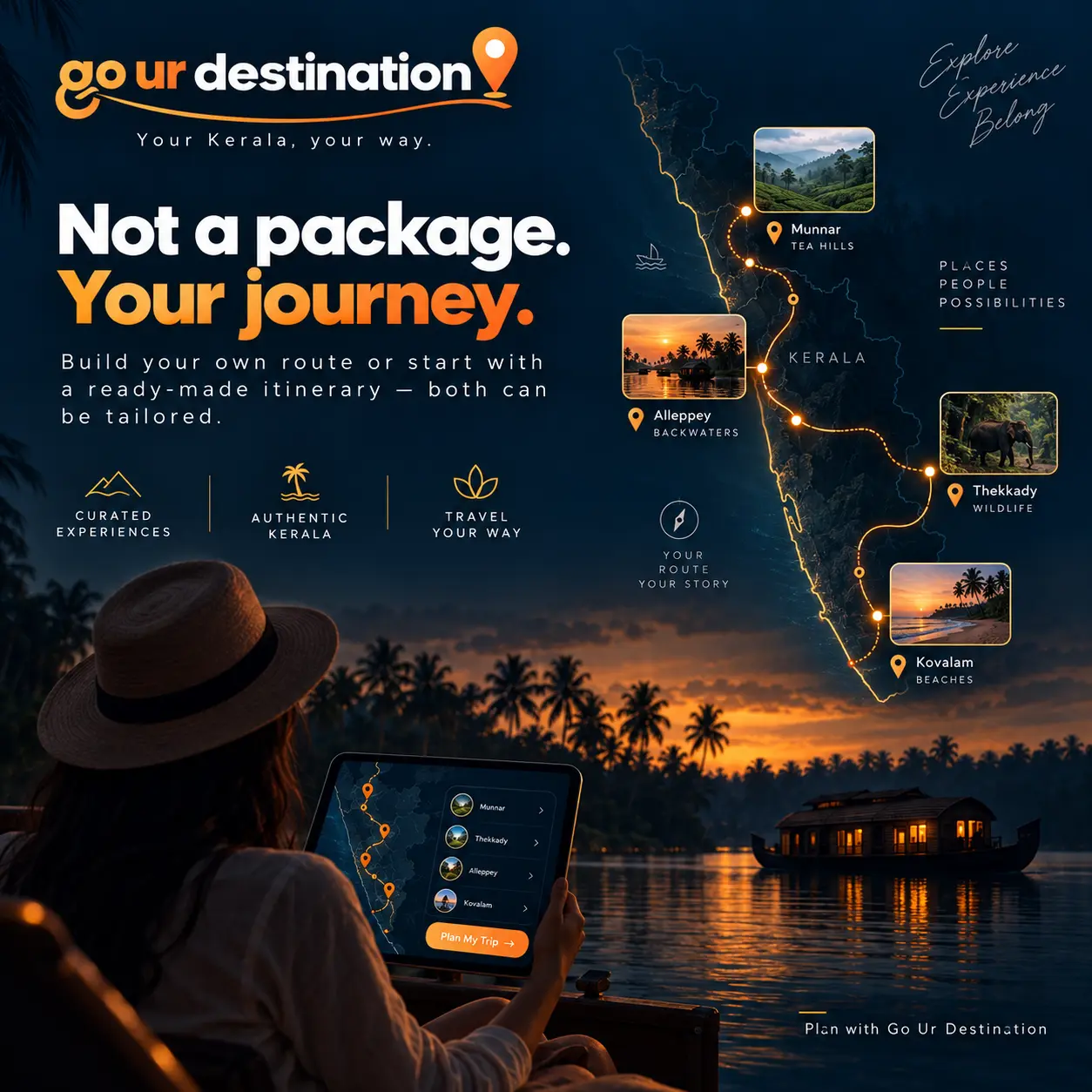 Kerala journey poster showing a personalised route through Munnar, Alappuzha, Thekkady and Kovalam
